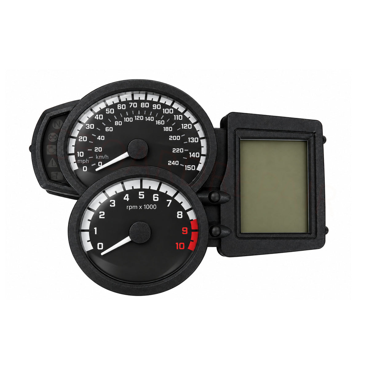 BMW motorcycle instrument cluster with analog speedometer, tachometer, and digital display