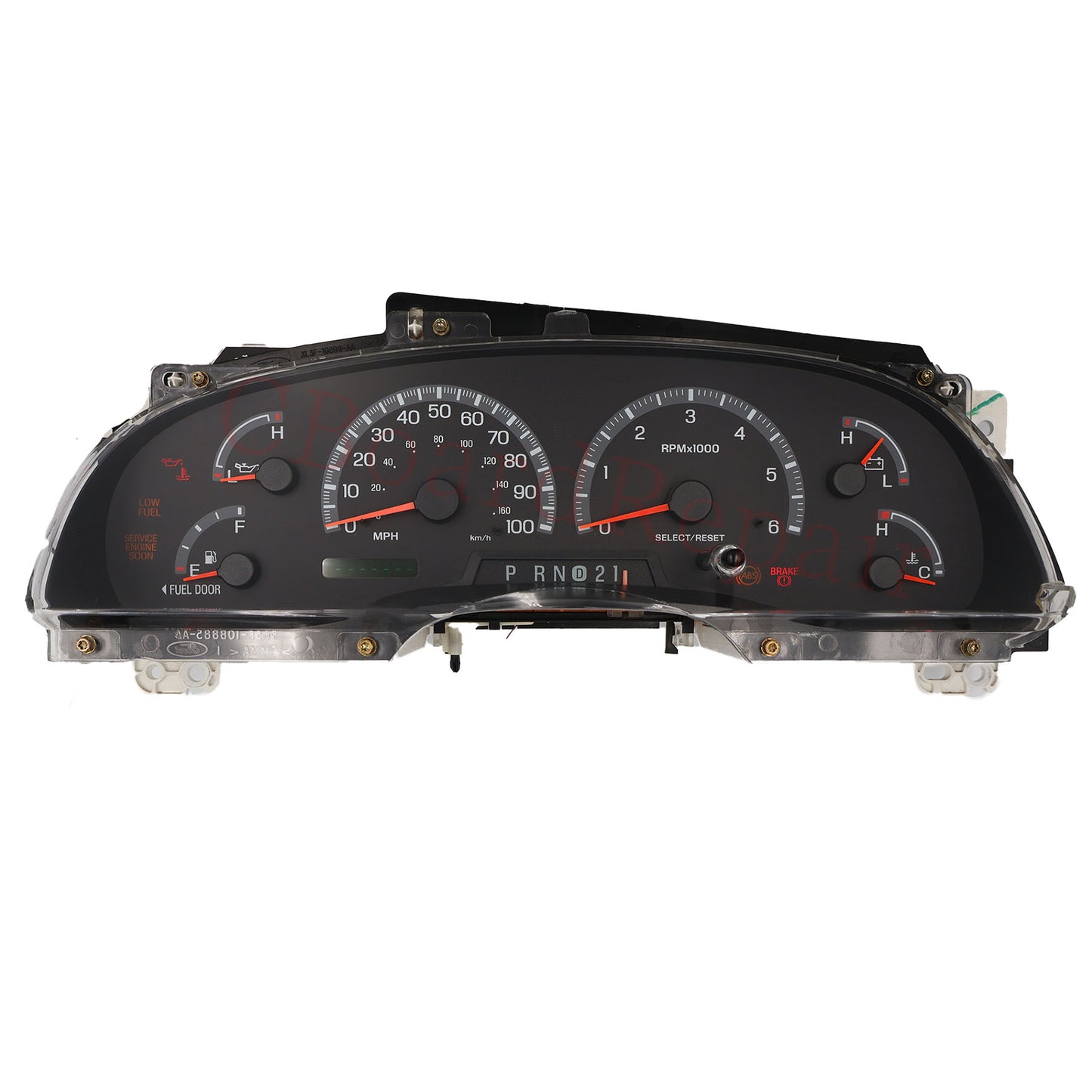 Car dashboard with various gauges on a white background