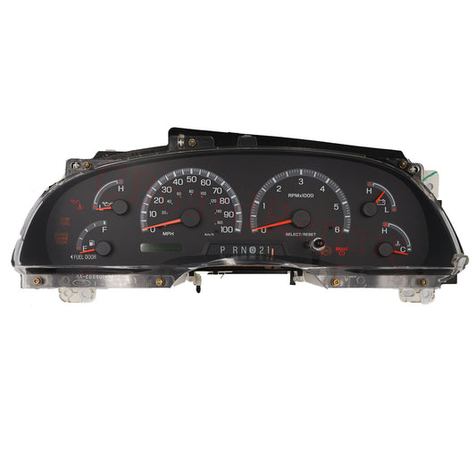 Car dashboard with various gauges on a white background