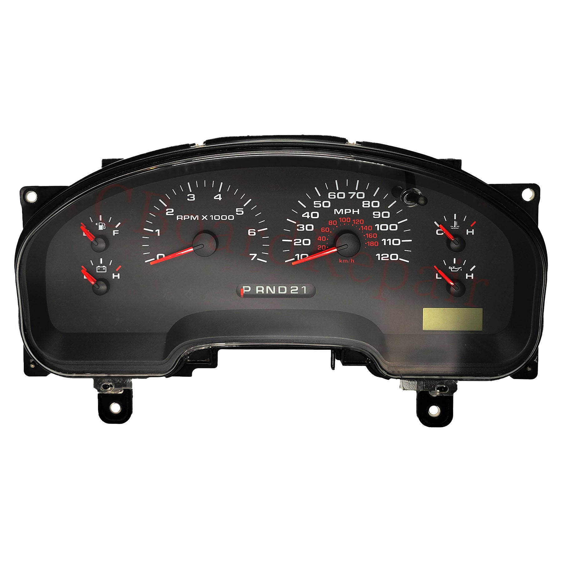 Car dashboard with gauges on a white background