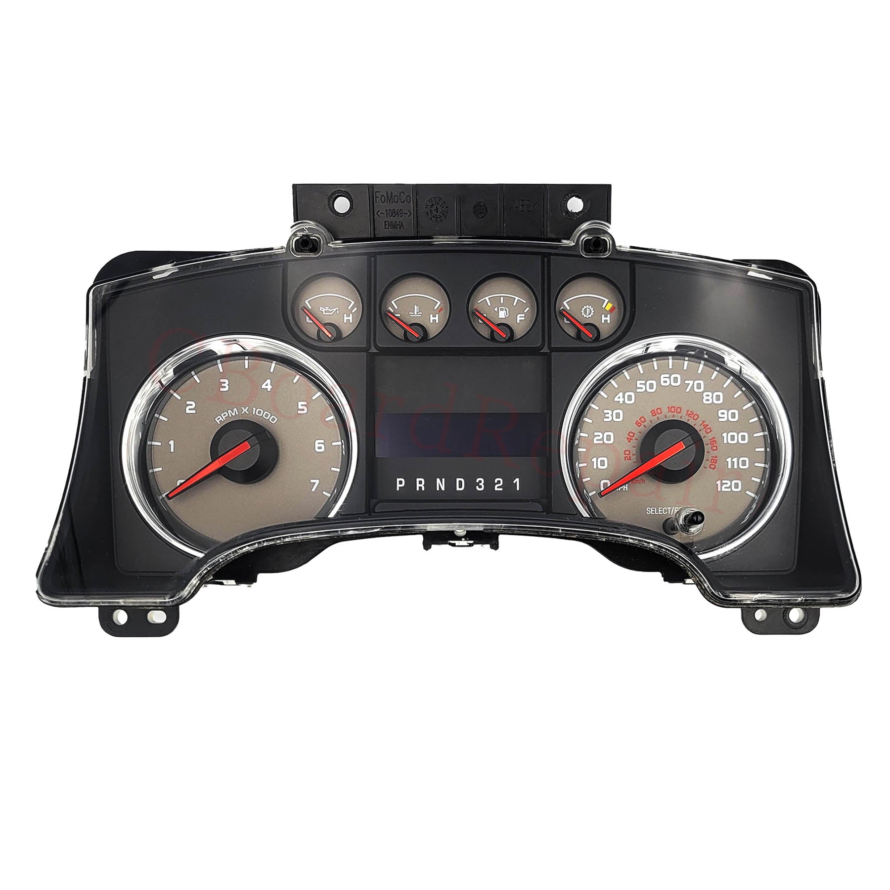 Car dashboard with gauges and digital display on a white background
