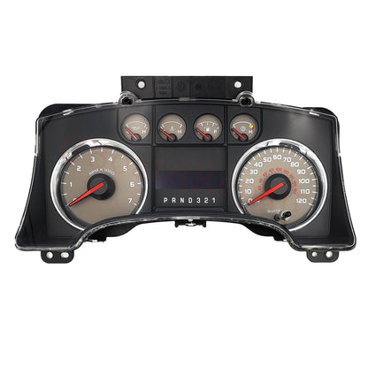 Car dashboard with gauges and digital display on a white background
