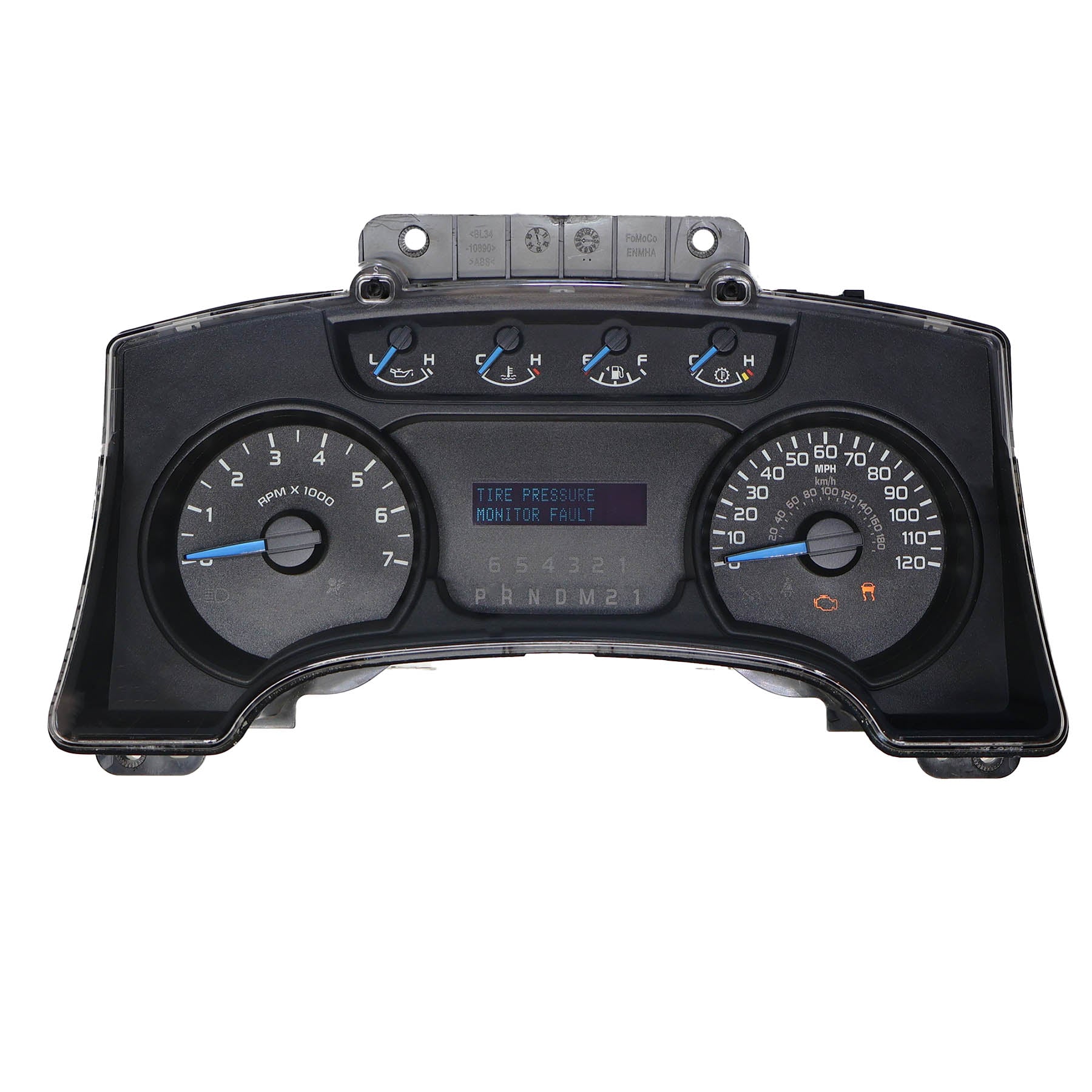Car dashboard with gauges and display on a white background